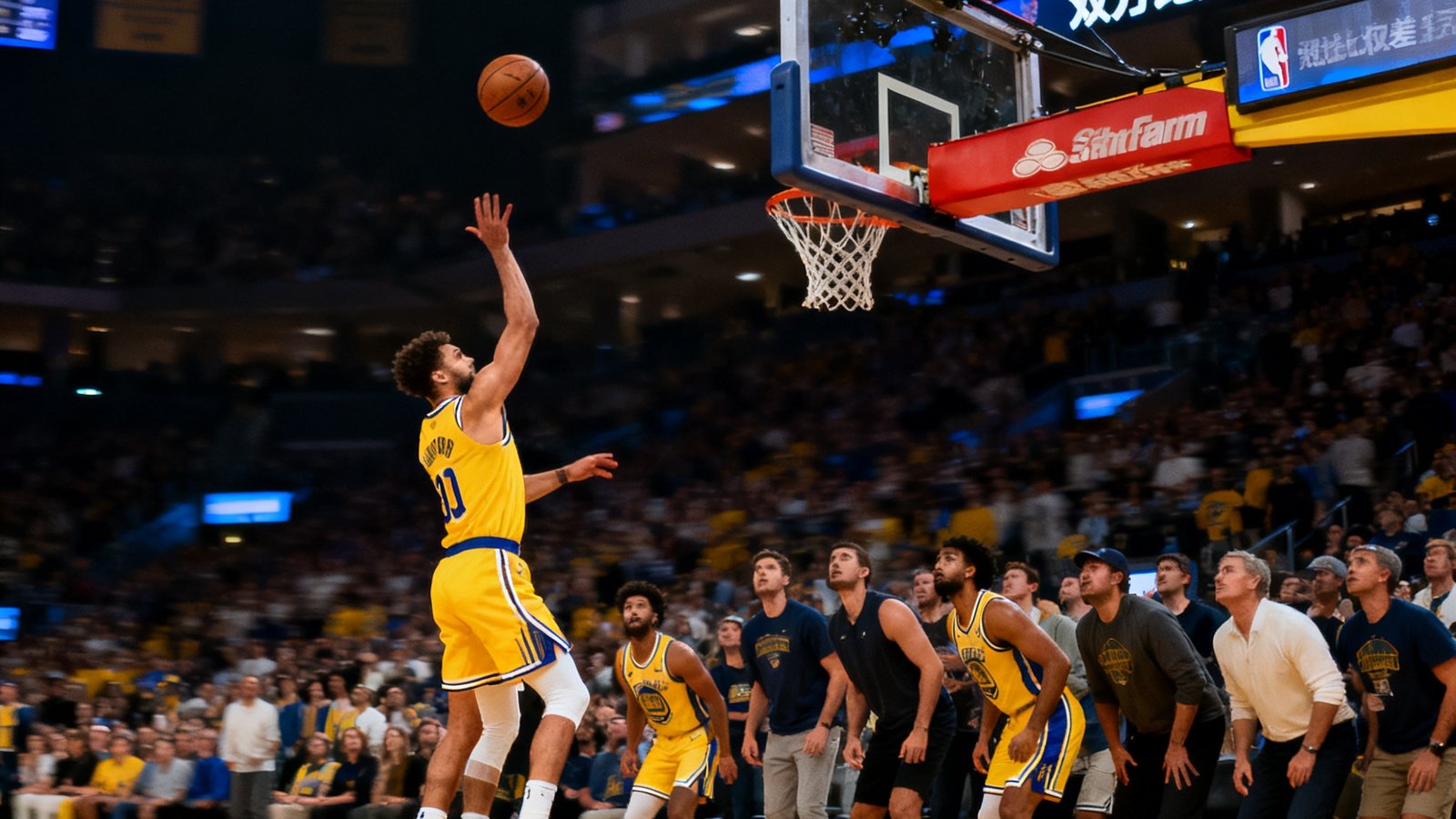 2025年NBA总决赛第七场比赛最后时刻，一名球员在三分线外高高跃起投篮，全场观众起立屏息凝视，记分牌上显示双方比分仅差1分