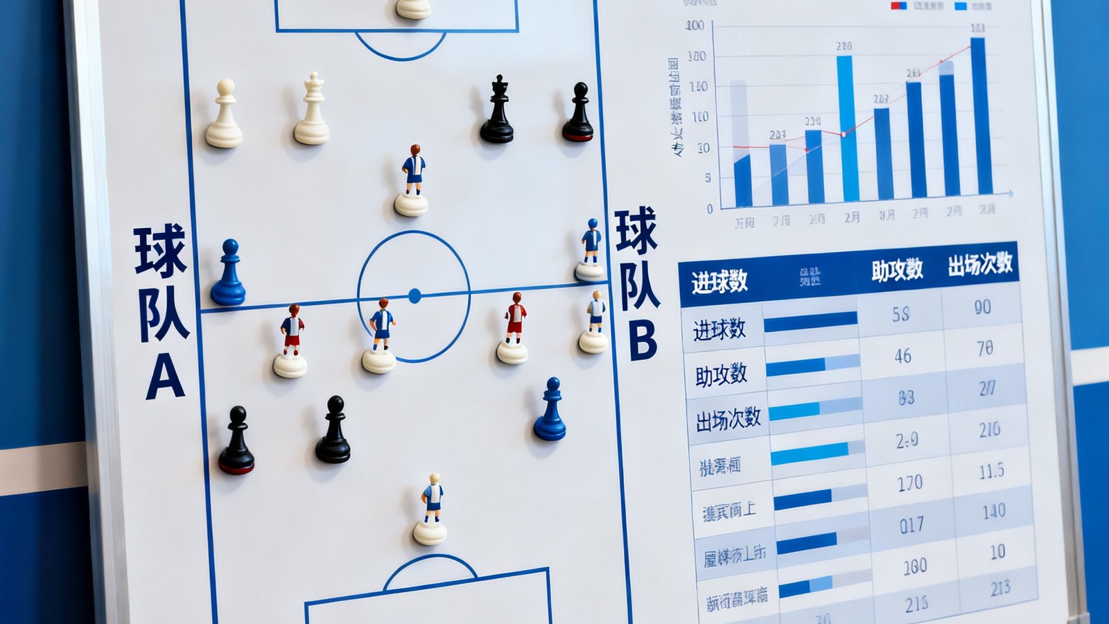 英超新赛季揭幕战前瞻分析图，战术板上用磁吸棋子标注了两支球队的预计首发阵型，旁边罗列着关键球员的数据对比图表